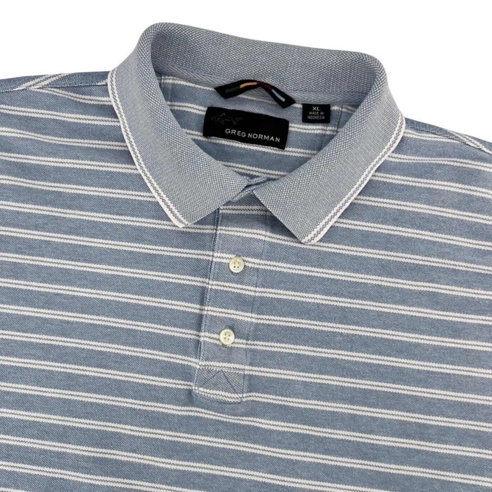 Greg Norman Polo Shirt Mens XL Blue White Striped Preppy Golfcore Dadcore Casual